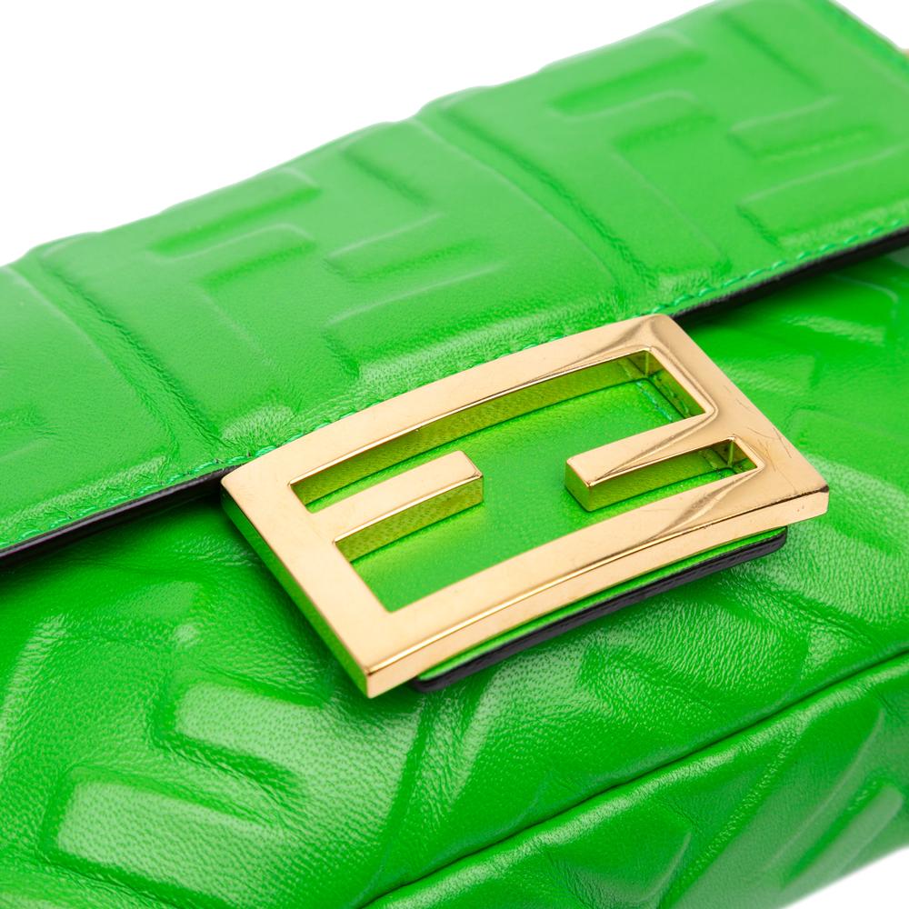 Fendi B Fendi Green Lime Calf Leather Mini Zucca Embossed Baguette Satchel Italy