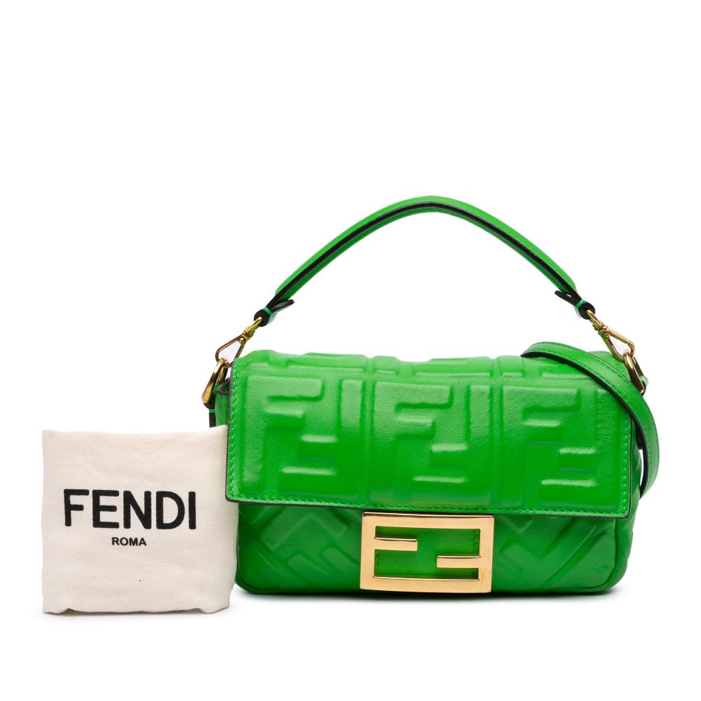 Fendi B Fendi Green Lime Calf Leather Mini Zucca Embossed Baguette Satchel Italy