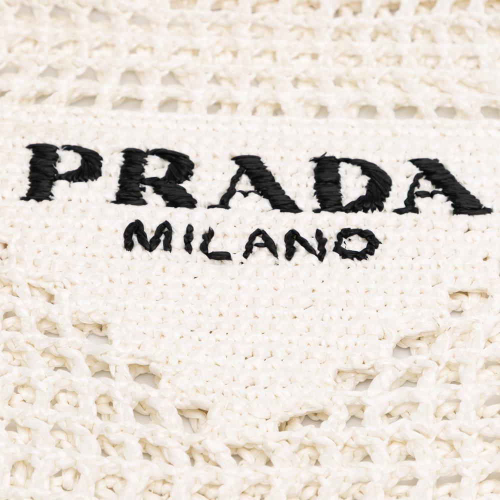 Prada B Prada White Raffia Natural Material Effect Crochet Logo Embroidered Tote Italy