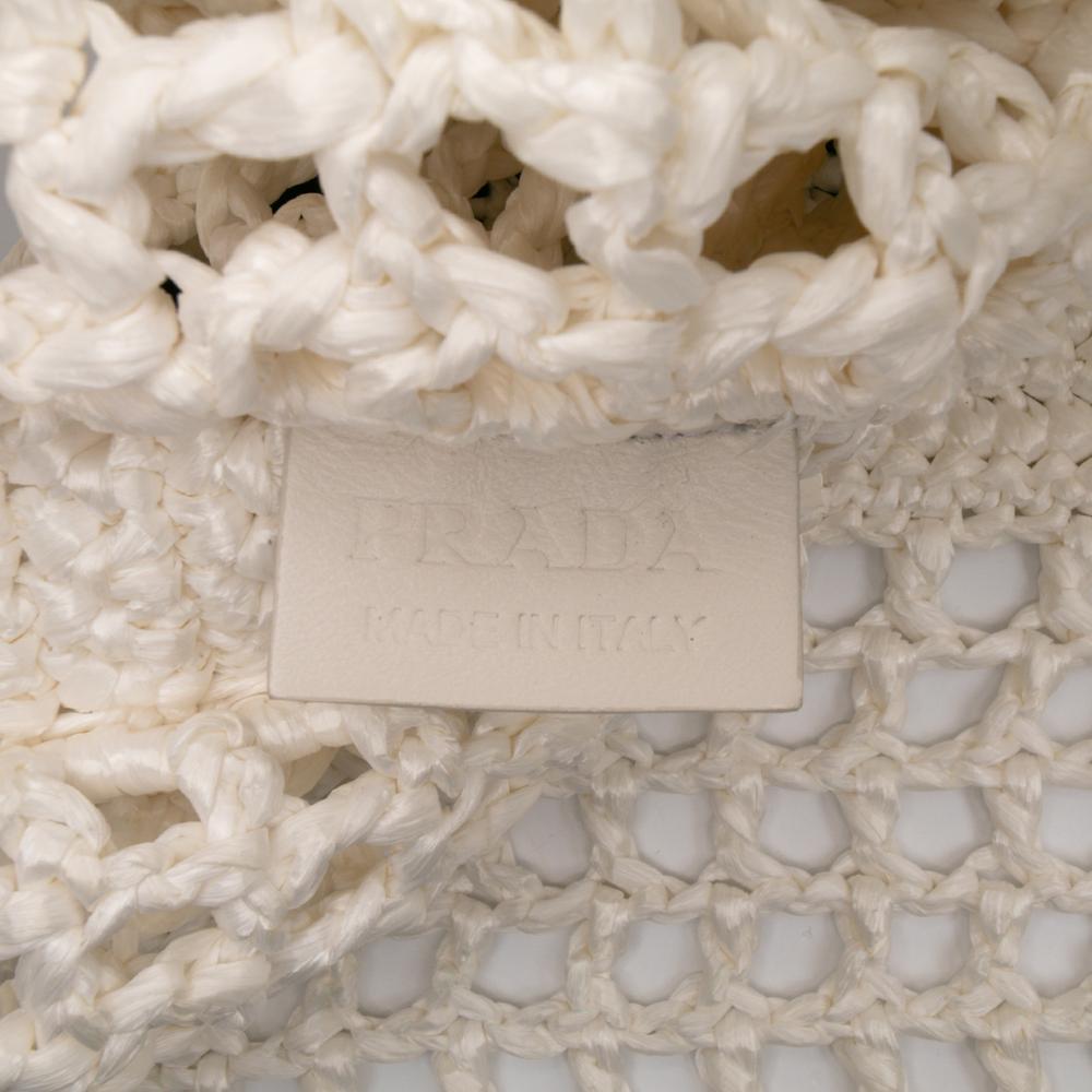 Prada B Prada White Raffia Natural Material Effect Crochet Logo Embroidered Tote Italy