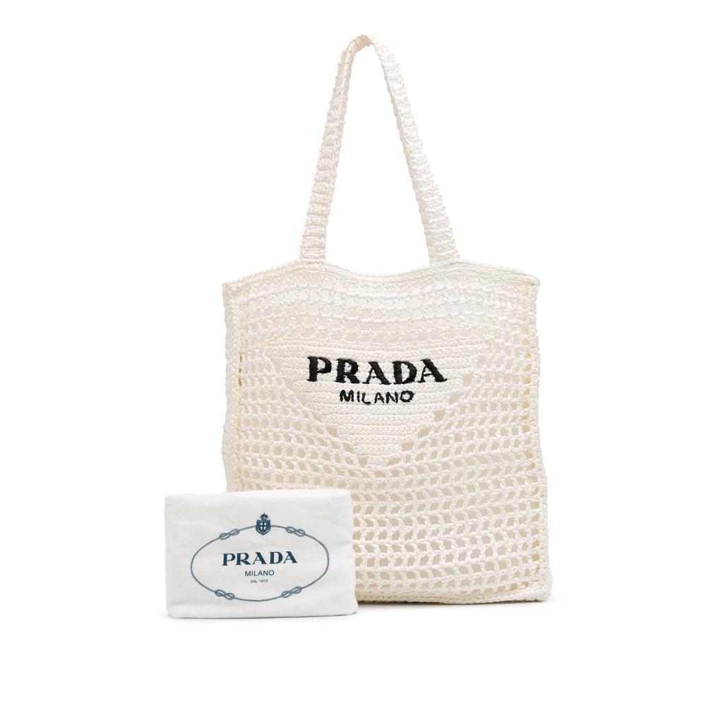Prada B Prada White Raffia Natural Material Effect Crochet Logo Embroidered Tote Italy