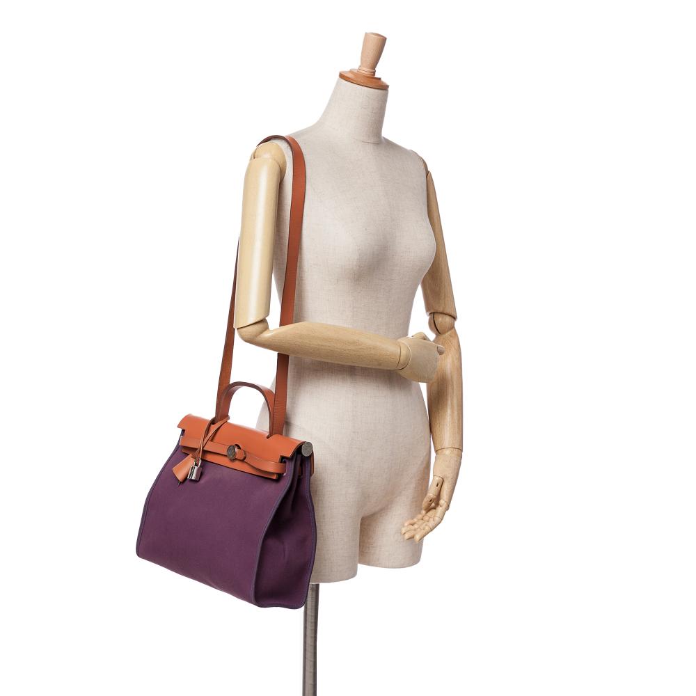 Hermès B Hermès Purple Plum with Brown Canvas Fabric Toile Herbag Zip 31 France