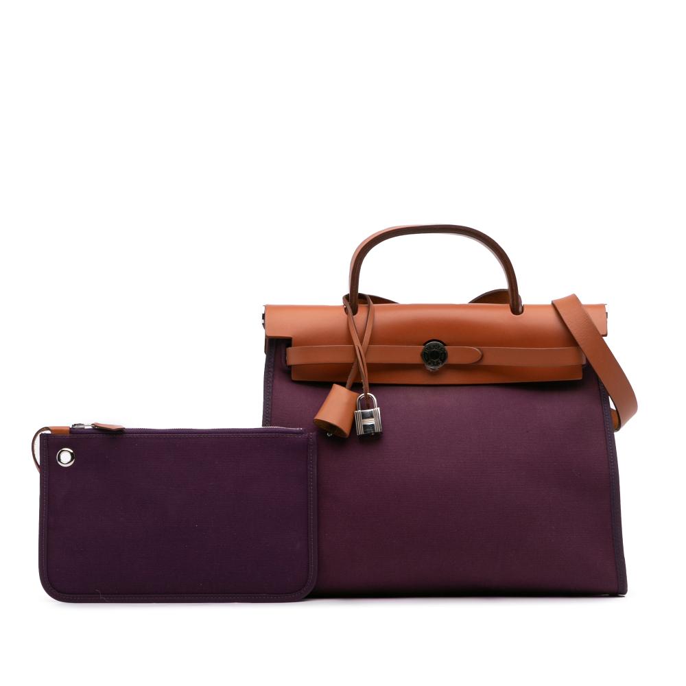 Hermès B Hermès Purple Plum with Brown Canvas Fabric Toile Herbag Zip 31 France