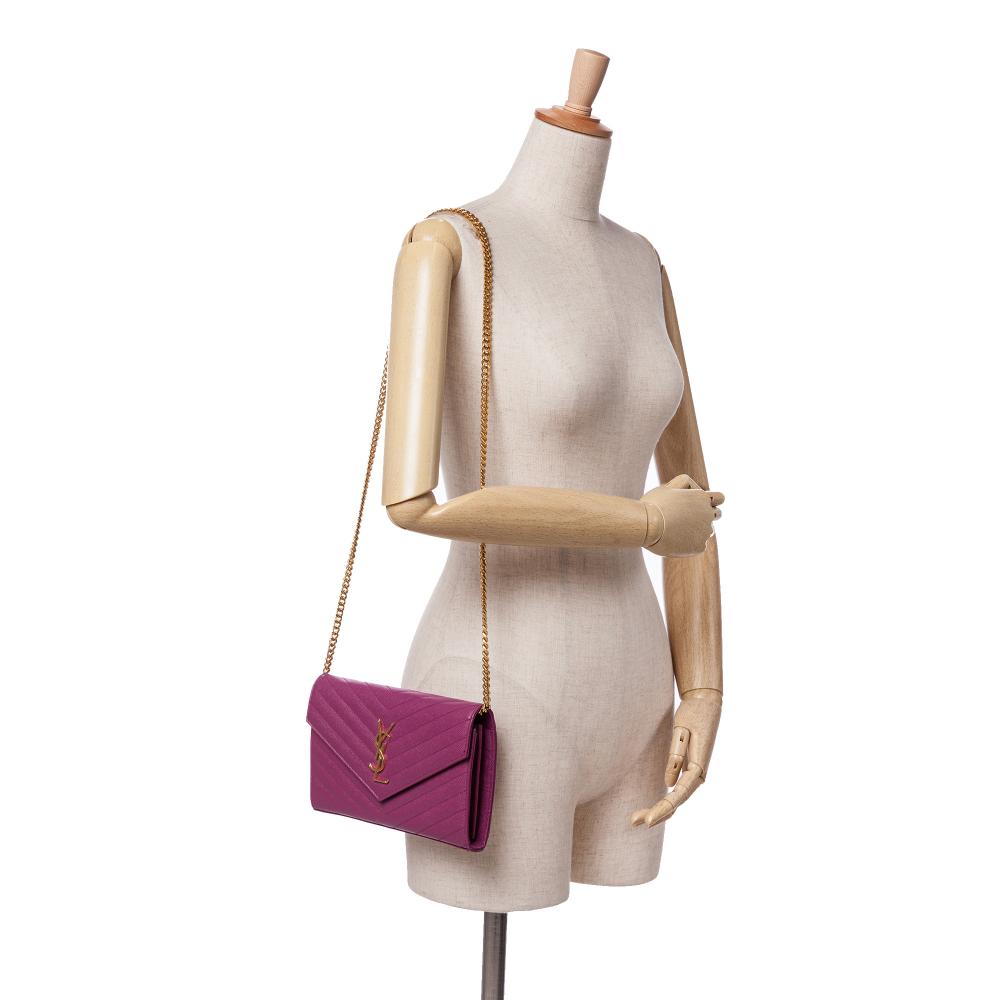 Saint Laurent Purple Grain De Poudre Chevron Monogram Envelope Chain Wallet Italy