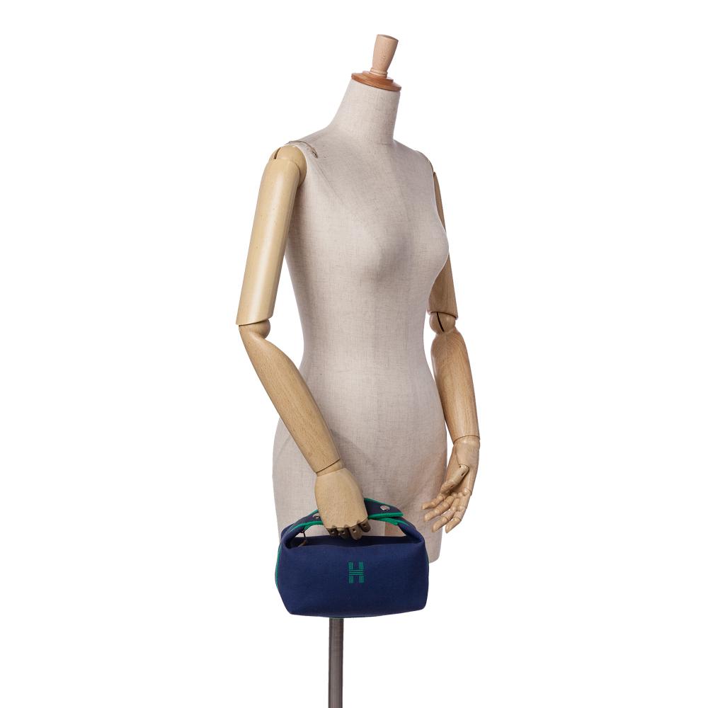 Hermès B Hermès Blue Dark Blue with Green Canvas Fabric Small Toile Bride A Brac Case France