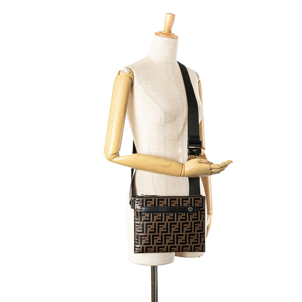Fendi B Fendi Brown with Black Calf Leather FF Embossed 1974 Crossbody Italy