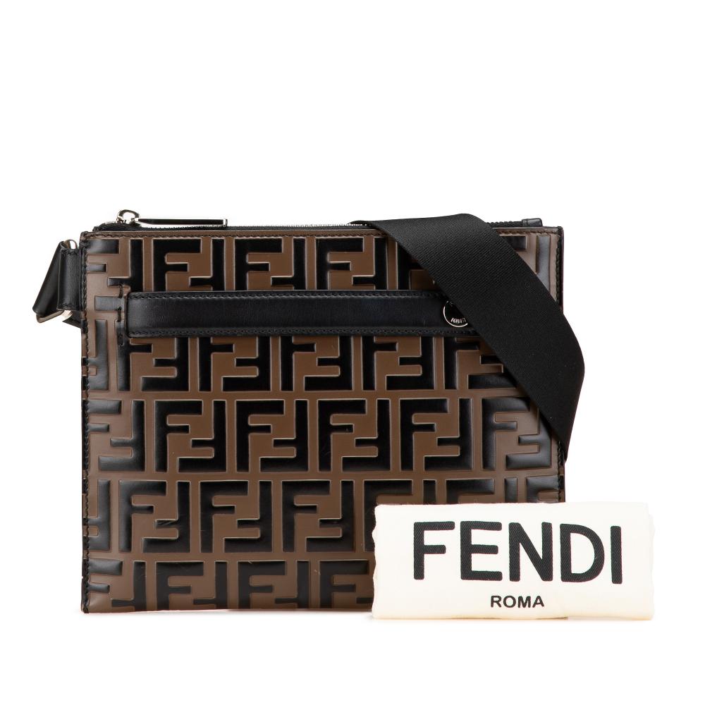 Fendi B Fendi Brown with Black Calf Leather FF Embossed 1974 Crossbody Italy
