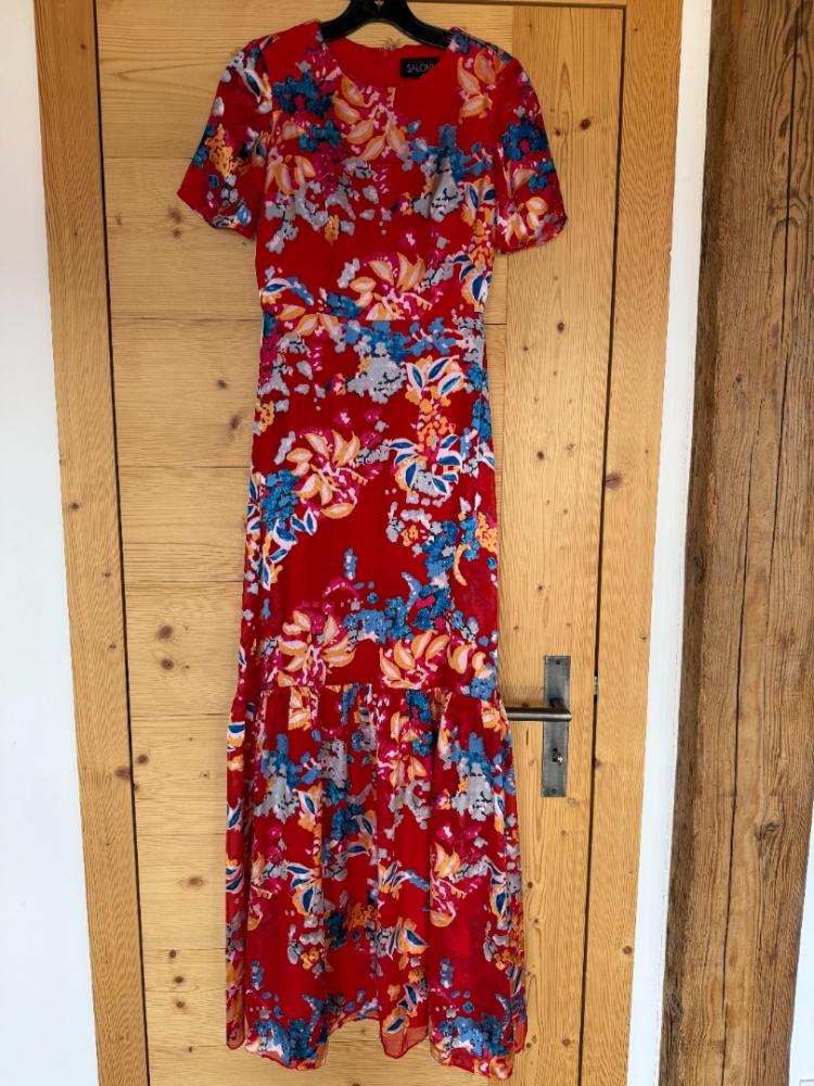 Saloni Dramatic long red silk-rayon floral dress