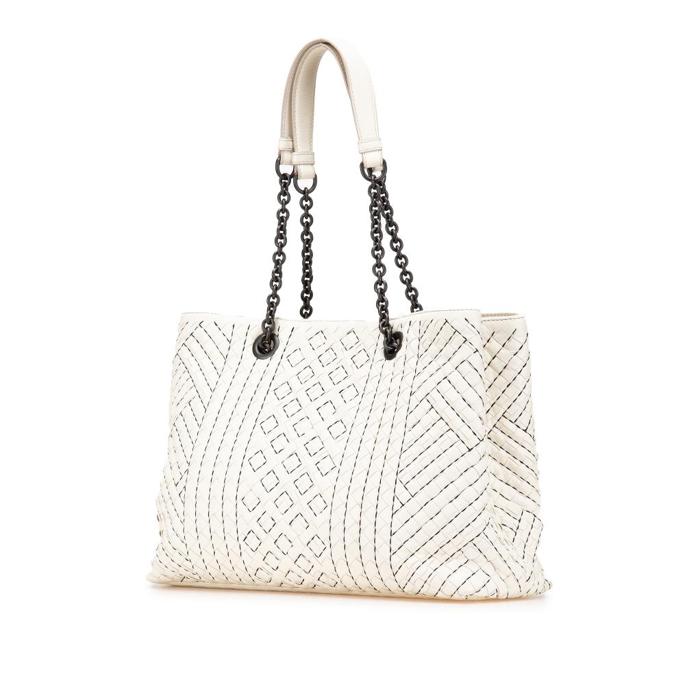 Bottega Veneta B Bottega Veneta White Calf Leather Medium Intrecciato Stitched Double Chain Tote Italy