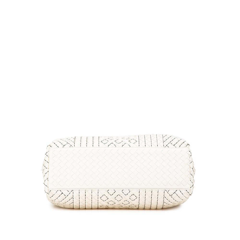 Bottega Veneta B Bottega Veneta White Calf Leather Medium Intrecciato Stitched Double Chain Tote Italy