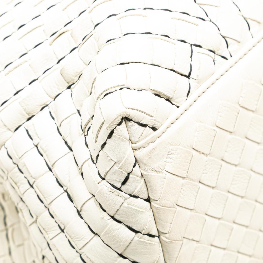 Bottega Veneta B Bottega Veneta White Calf Leather Medium Intrecciato Stitched Double Chain Tote Italy