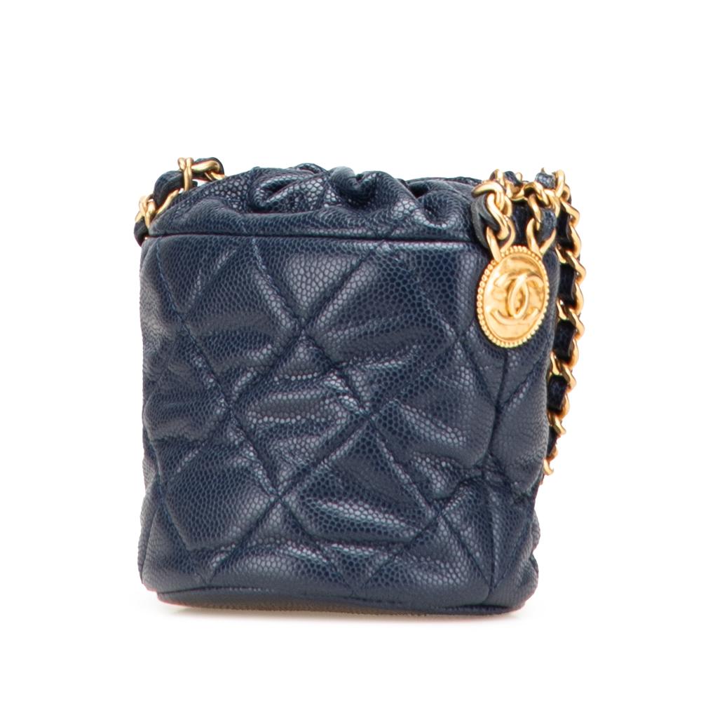 Chanel Blue Mini Quilted Caviar Medallion Charms Drawstring Bucket Bag Italy