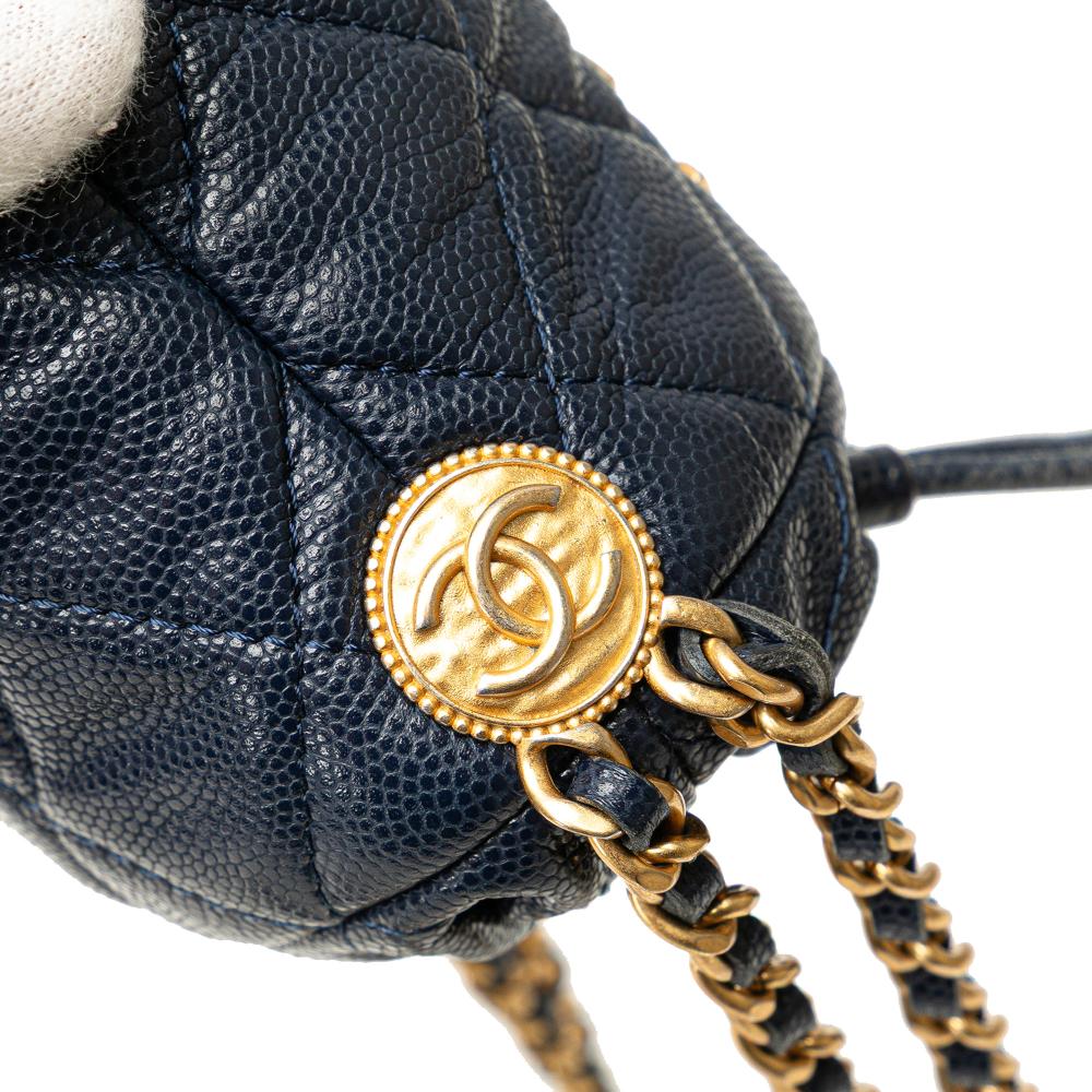 Chanel Blue Mini Quilted Caviar Medallion Charms Drawstring Bucket Bag Italy