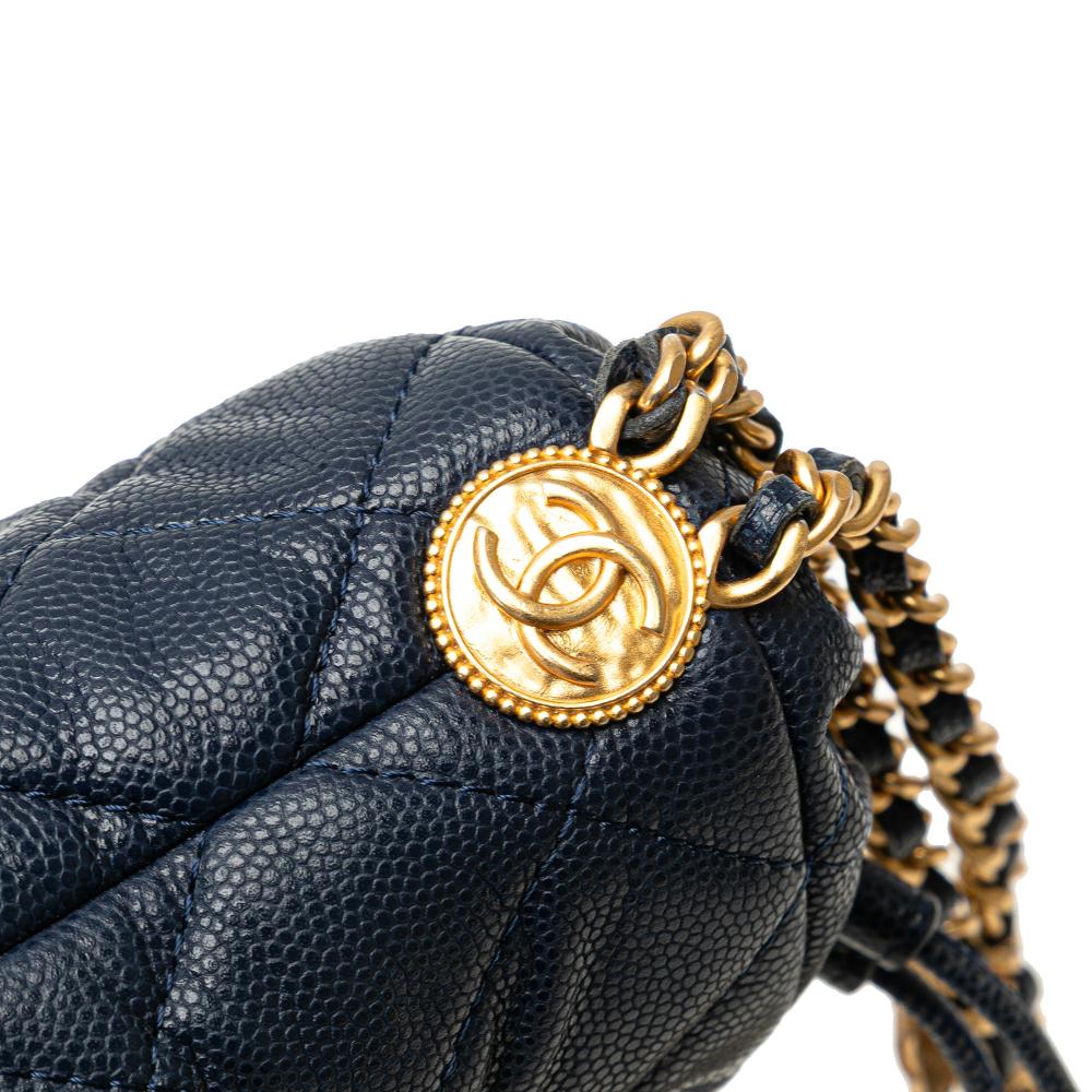 Chanel Blue Mini Quilted Caviar Medallion Charms Drawstring Bucket Bag Italy