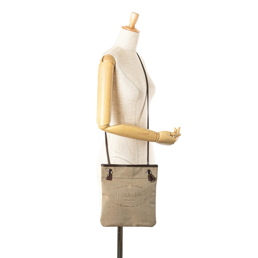 Prada B Prada Brown Beige Canvas Fabric Canapa Logo Crossbody Italy