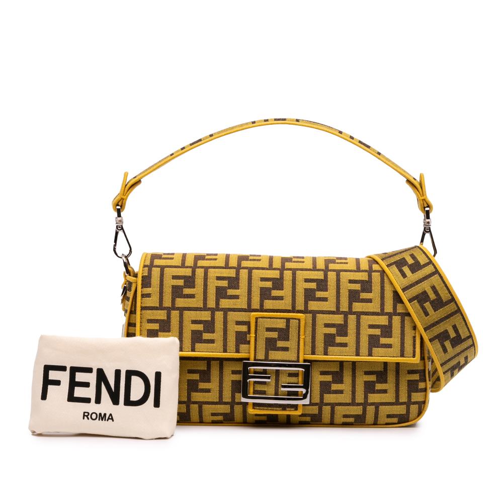 Fendi AB Fendi Yellow Canvas Fabric FRGMT x Zucca Embroidered Baguette Satchel Italy