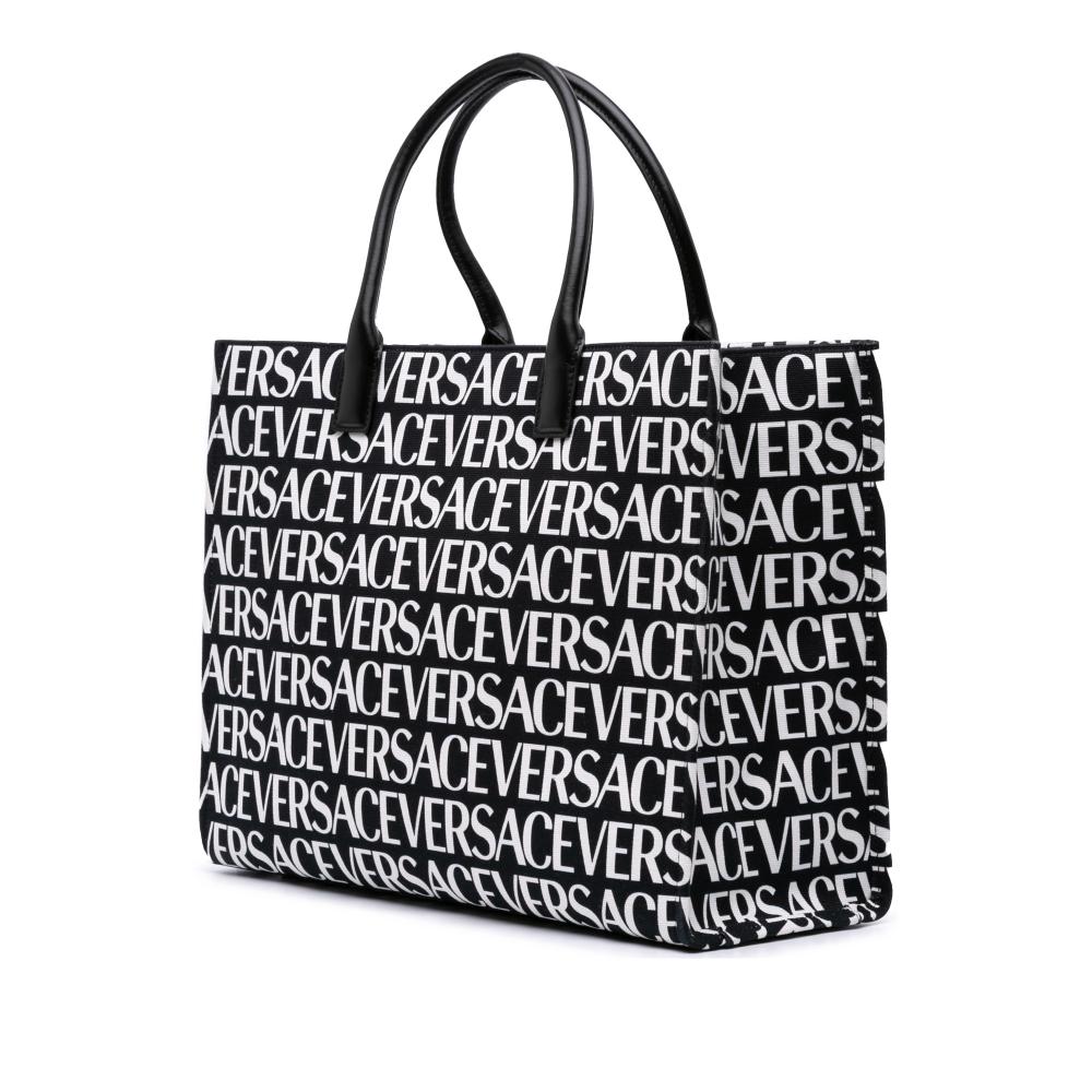 Versace AB Versace Black with White Canvas Fabric Logo Print Tote Italy