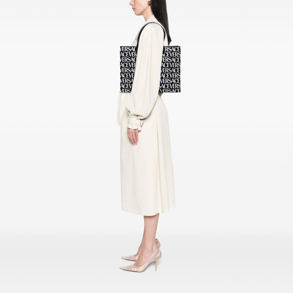 Versace AB Versace Black with White Canvas Fabric Logo Print Tote Italy