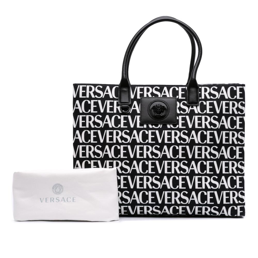Versace AB Versace Black with White Canvas Fabric Logo Print Tote Italy