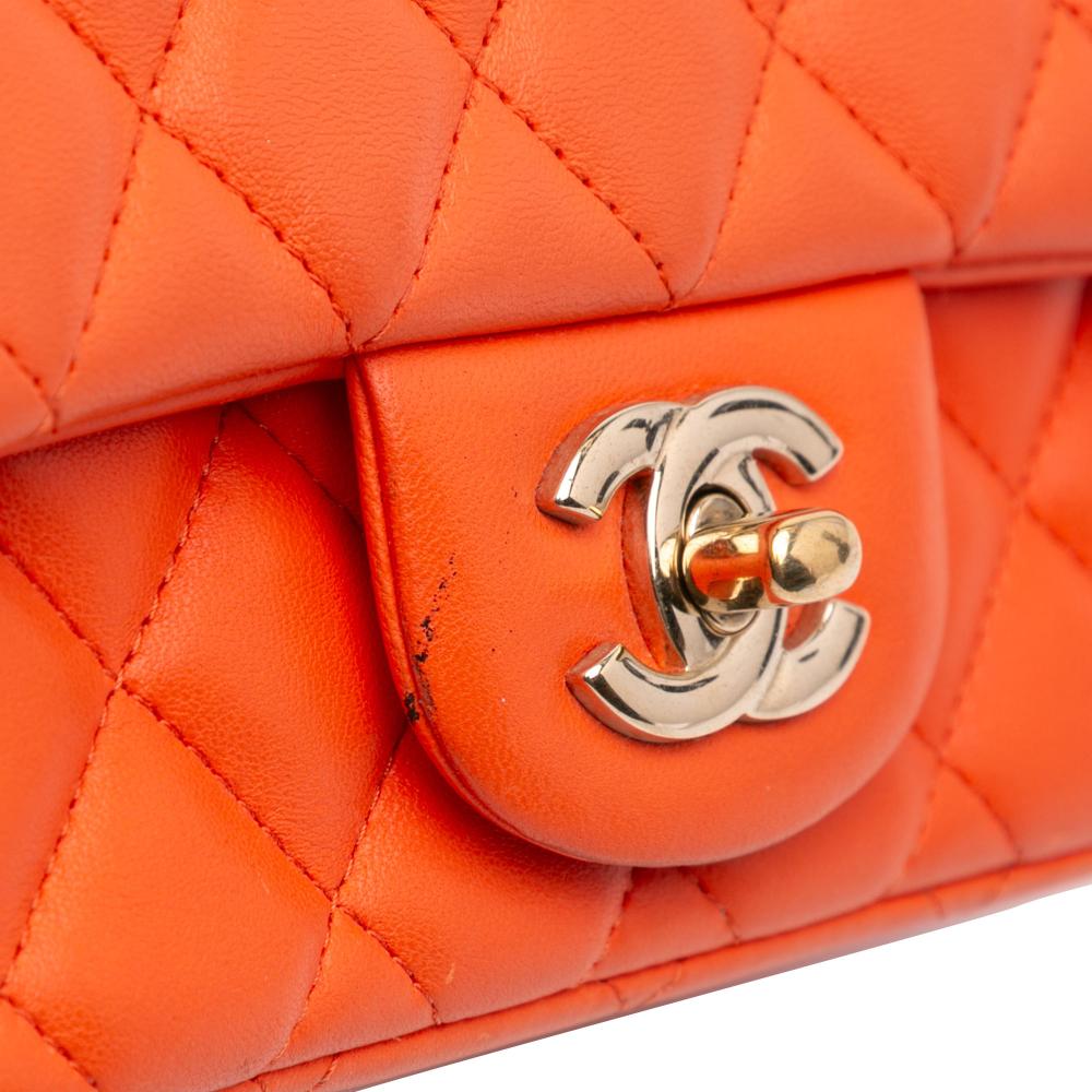 Chanel B Chanel Orange Lambskin Leather Leather Mini Square Classic Lambskin Single Flap Italy