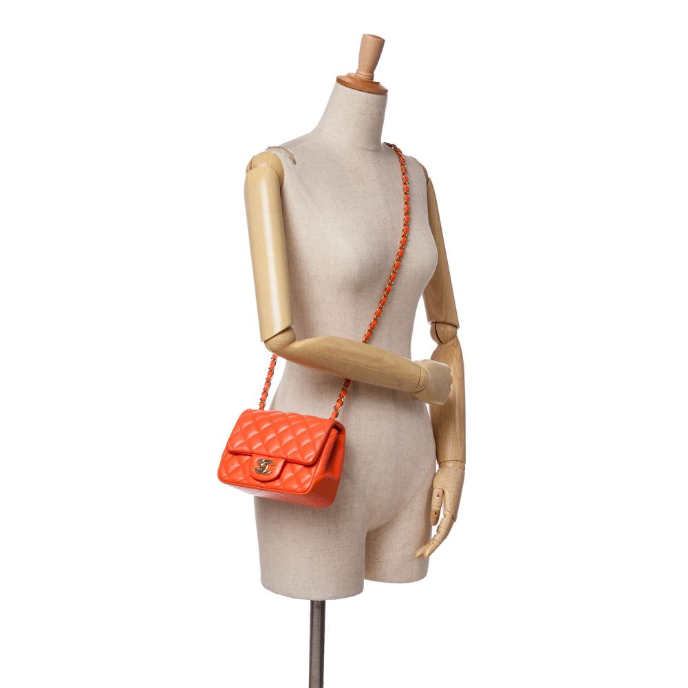 Chanel B Chanel Orange Lambskin Leather Leather Mini Square Classic Lambskin Single Flap Italy