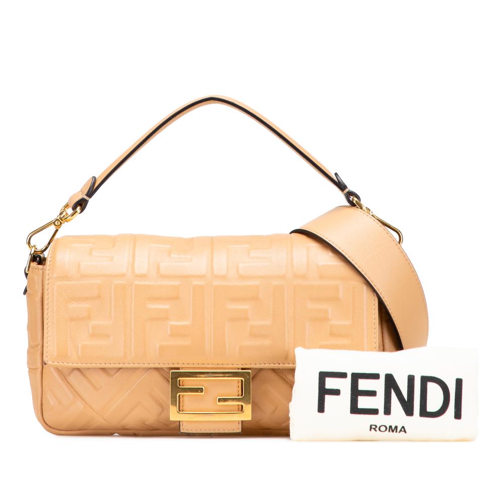 Fendi B Fendi Brown Beige Calf Leather Zucca Embossed Baguette Satchel Italy