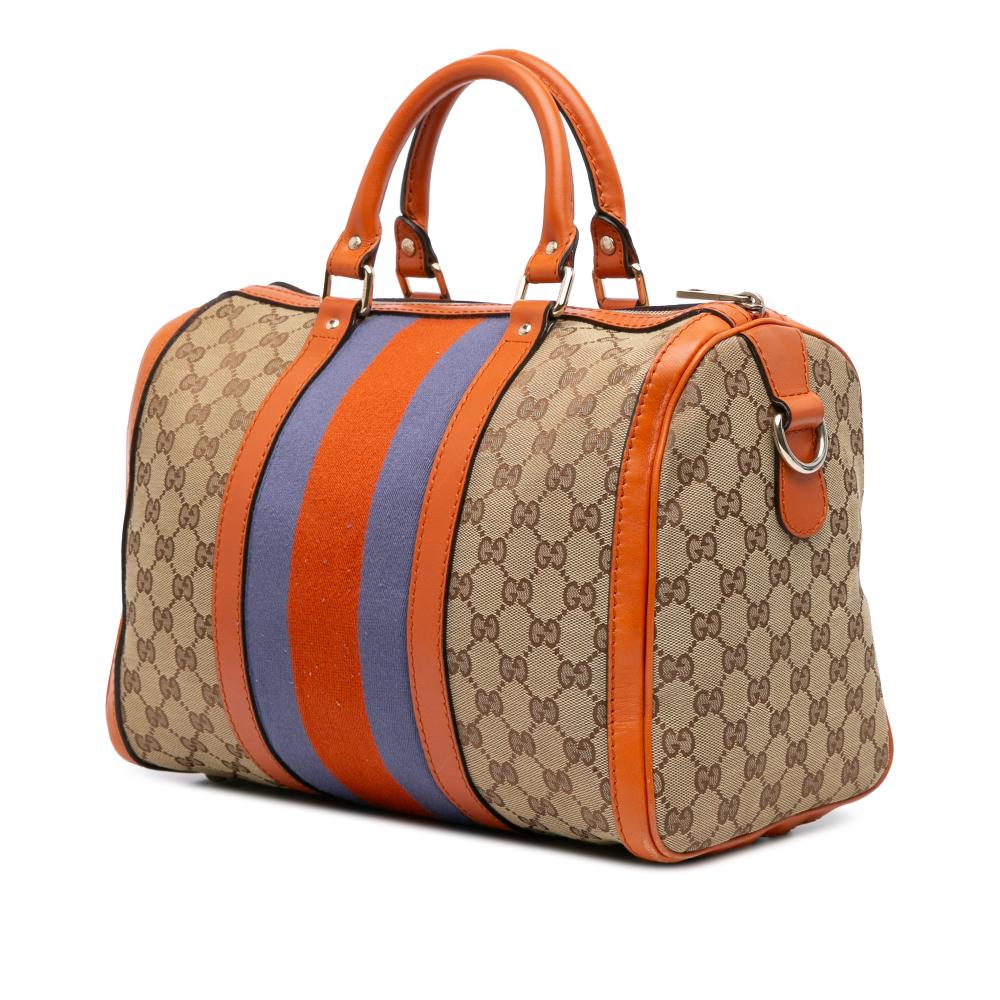 Gucci B Gucci Brown Beige with Orange Canvas Fabric GG Web Joy Boston Bag Italy