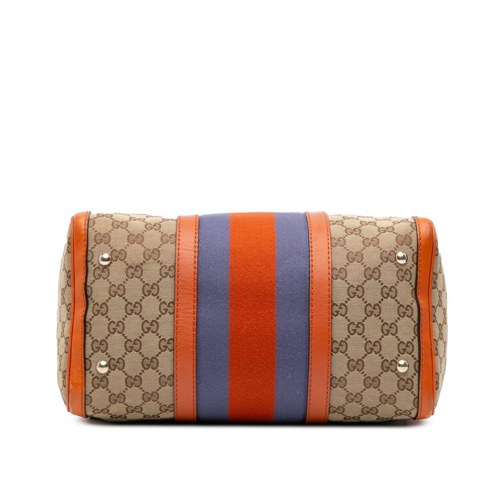 Gucci B Gucci Brown Beige with Orange Canvas Fabric GG Web Joy Boston Bag Italy