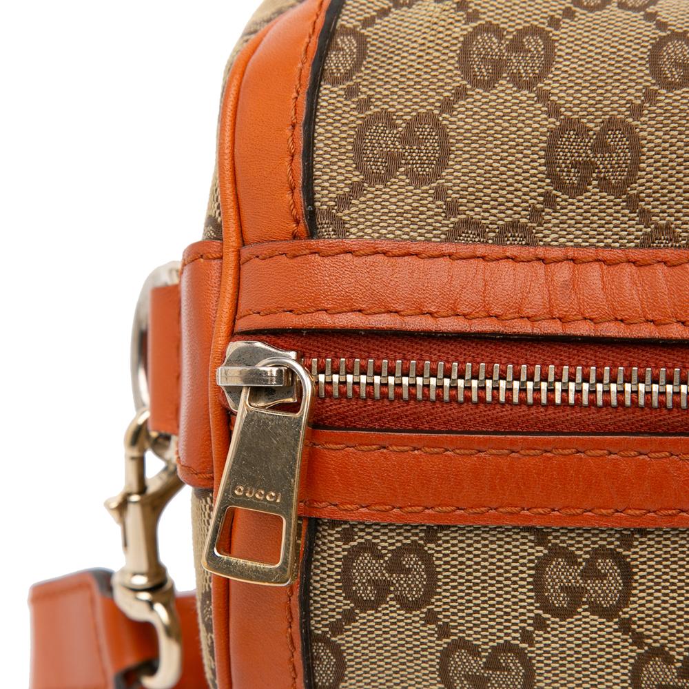 Gucci B Gucci Brown Beige with Orange Canvas Fabric GG Web Joy Boston Bag Italy