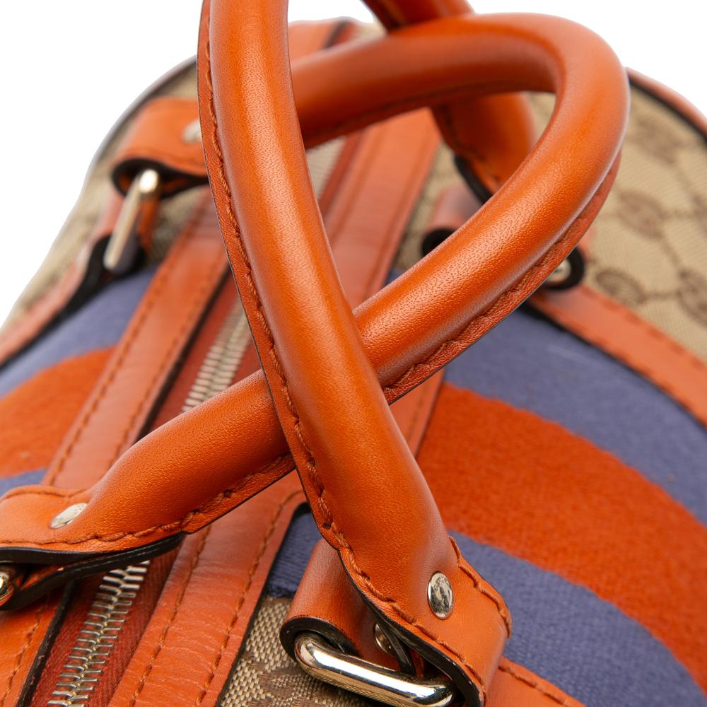 Gucci B Gucci Brown Beige with Orange Canvas Fabric GG Web Joy Boston Bag Italy
