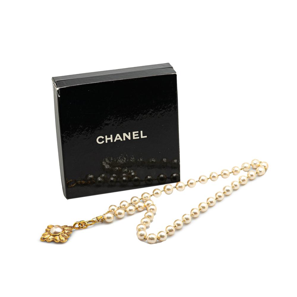 Chanel B Chanel Gold with White Gold Plated Metal Faux Pearl Necklace France