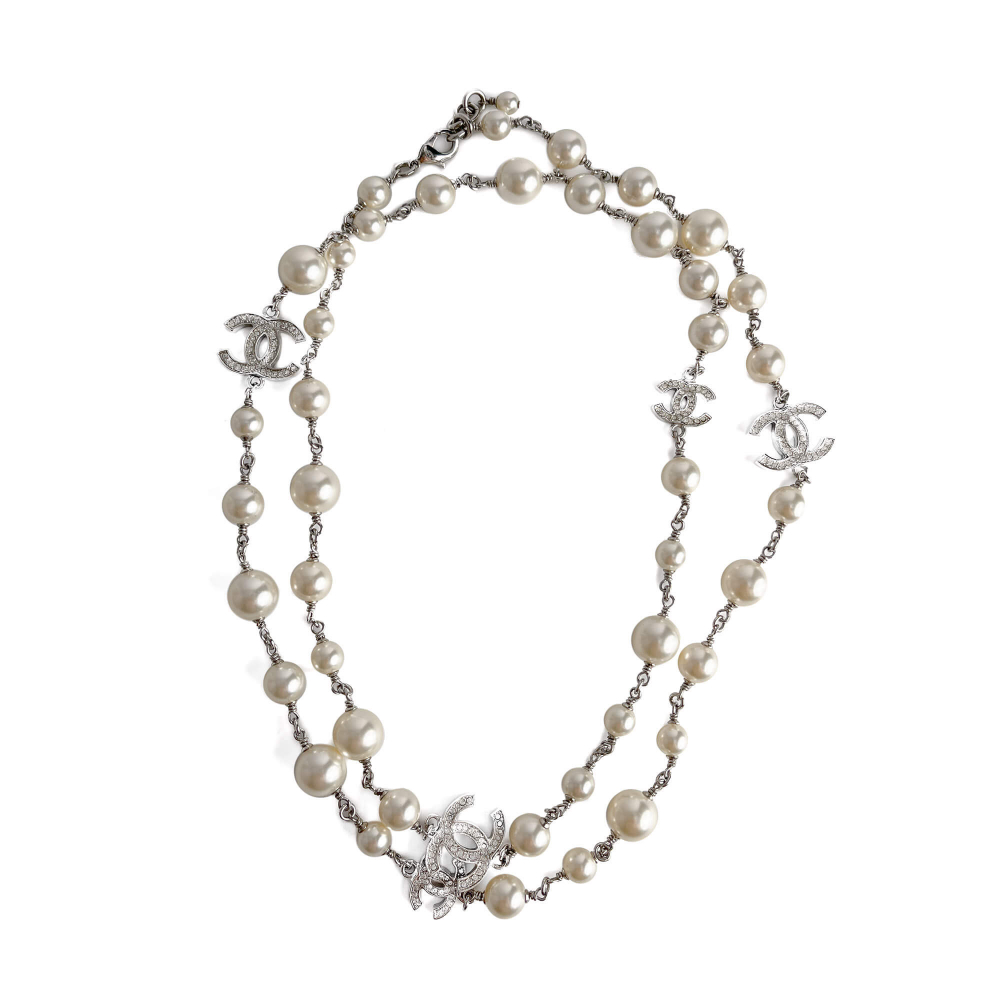 Chanel Crystal Pearls CC Metal & Faux Pearls 2-Ways Long Necklace Silver