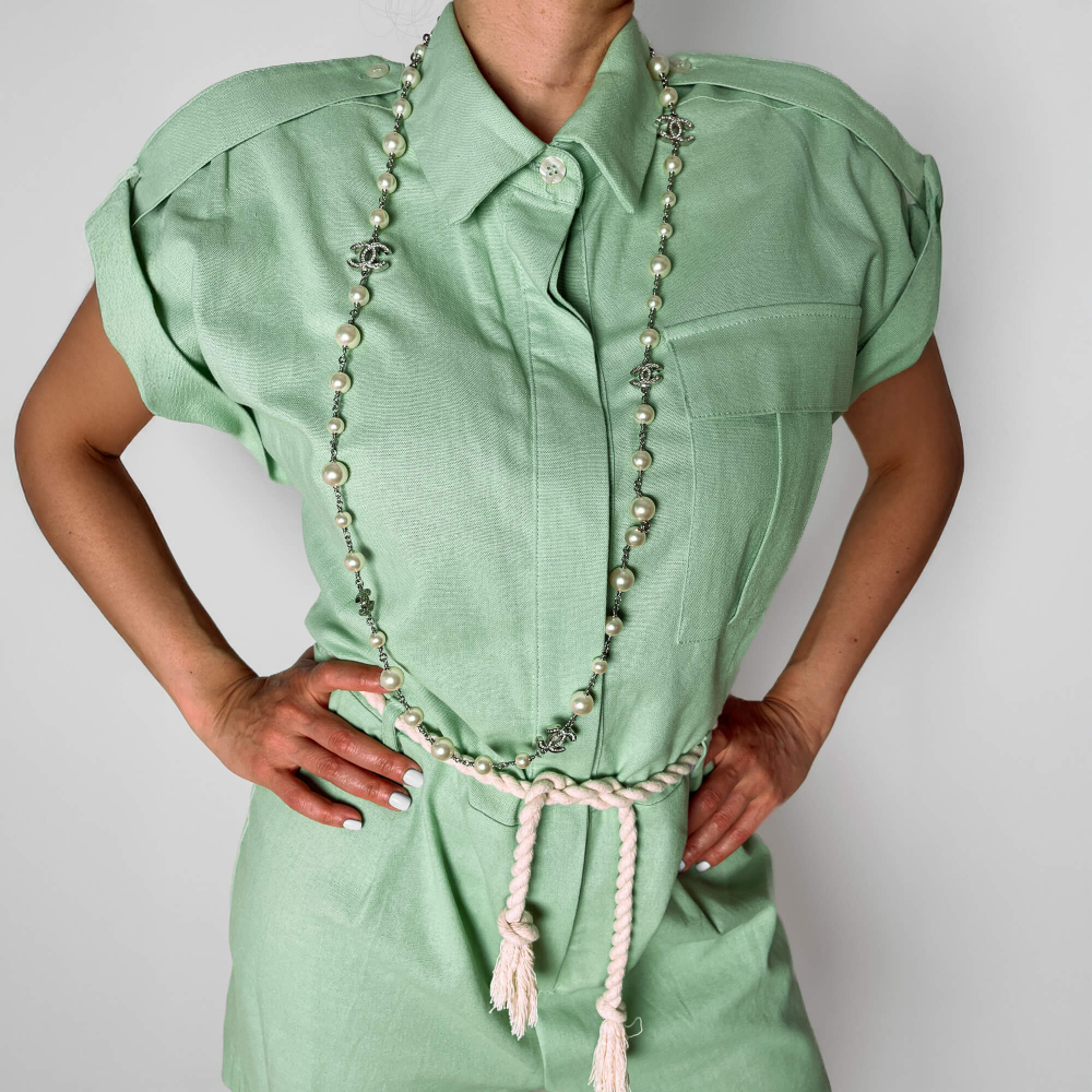 Chanel Crystal Pearls CC Metal & Faux Pearls 2-Ways Long Necklace Silver