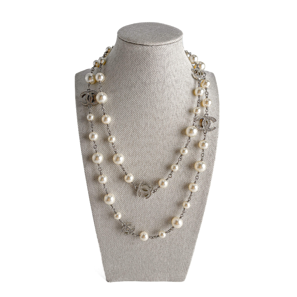 Chanel Crystal Pearls CC Metal & Faux Pearls 2-Ways Long Necklace Silver