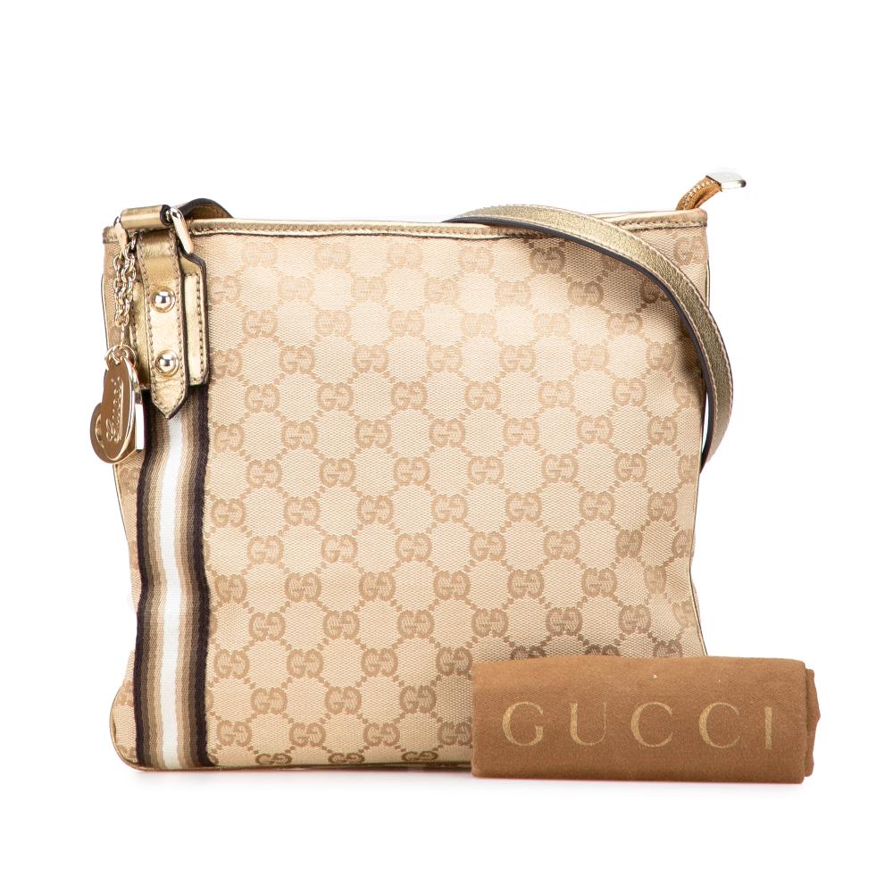 Gucci B Gucci Brown Beige with Gold Canvas Fabric GG Jolicoeur Crossbody Italy