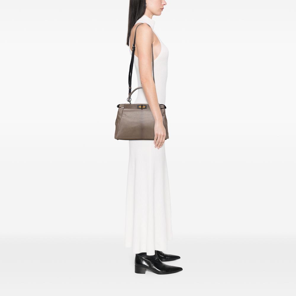 Fendi B Fendi Brown Calf Leather Medium skin Peekaboo Iconic Satchel Italy