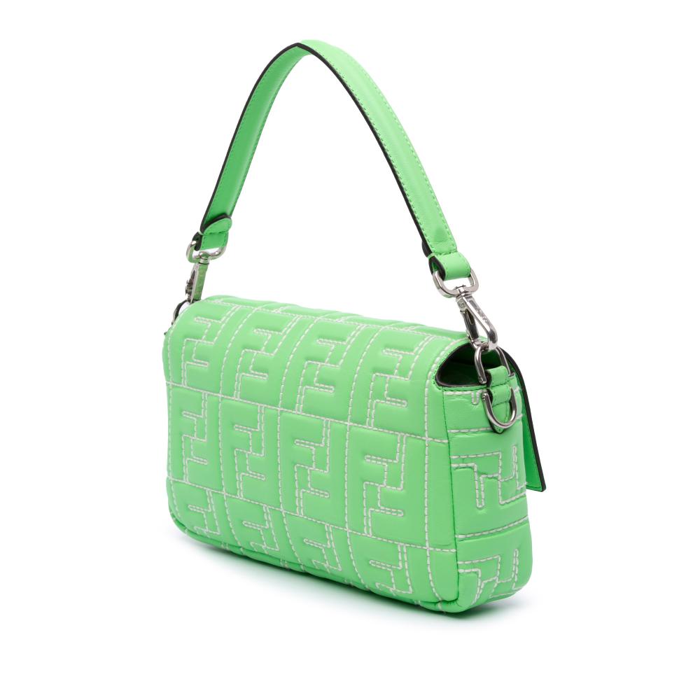 Fendi B Fendi Green Calf Leather Medium Embossed FF Baguette Satchel Italy