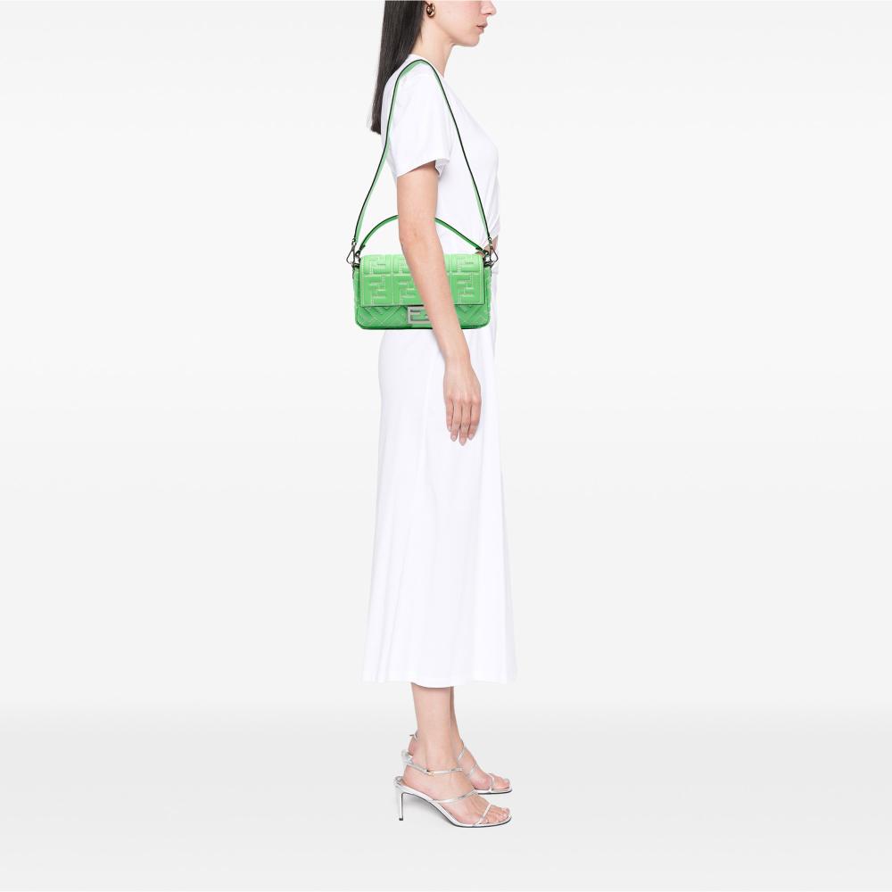 Fendi B Fendi Green Calf Leather Medium Embossed FF Baguette Satchel Italy