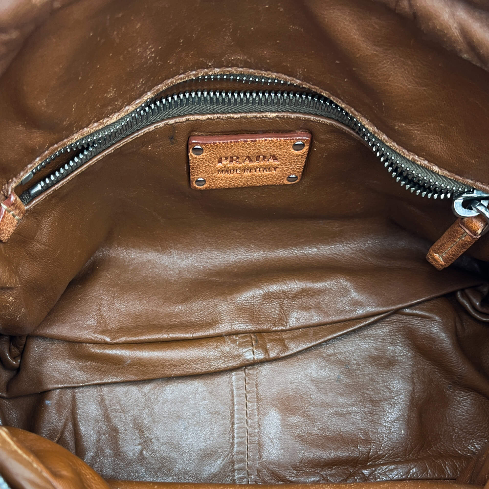 Prada Bowling Winkler Leather Bowler Shoulder Bag Caramel