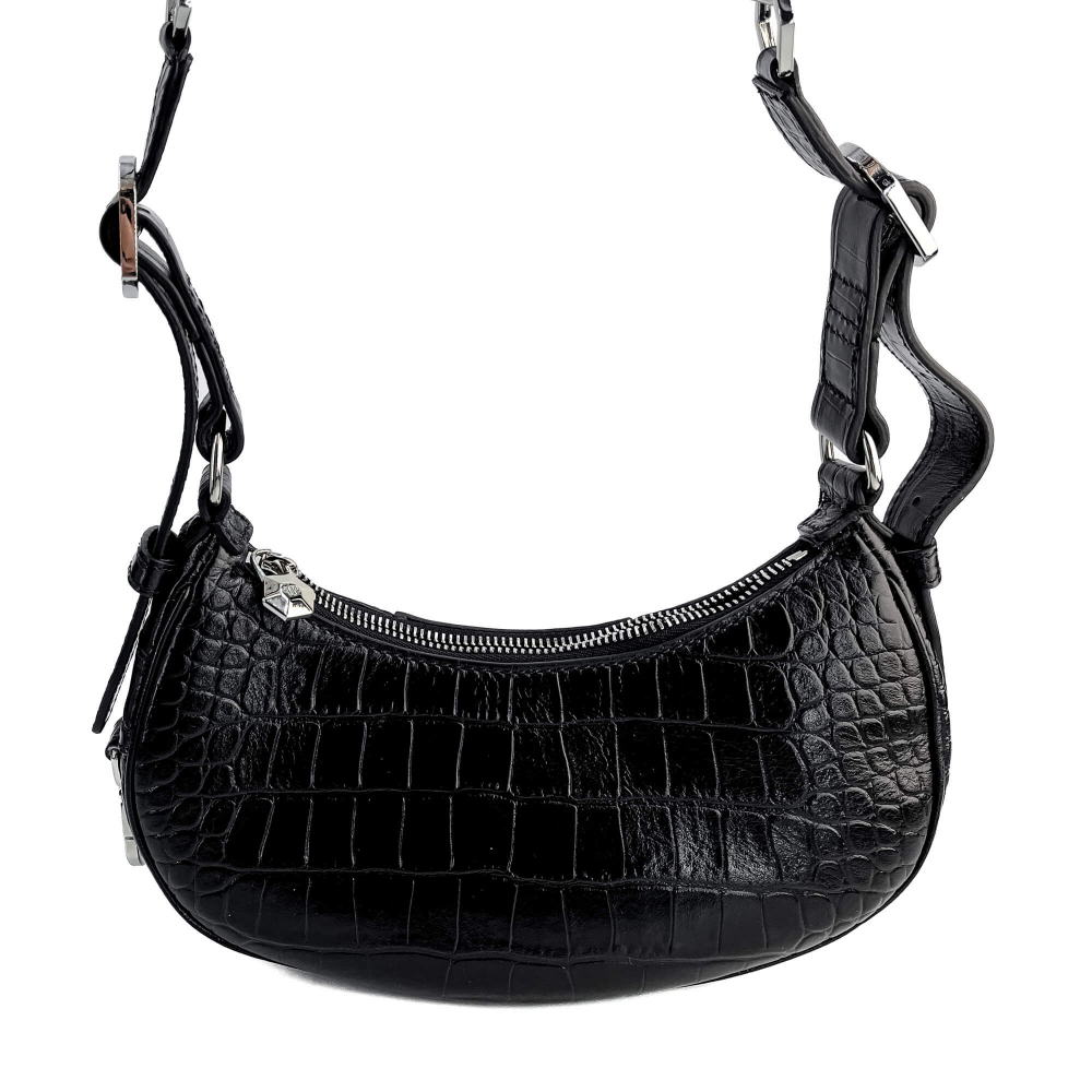 Philipp Plein Hexagon Croco Printed Leather Bowler Shoulder Bag Black