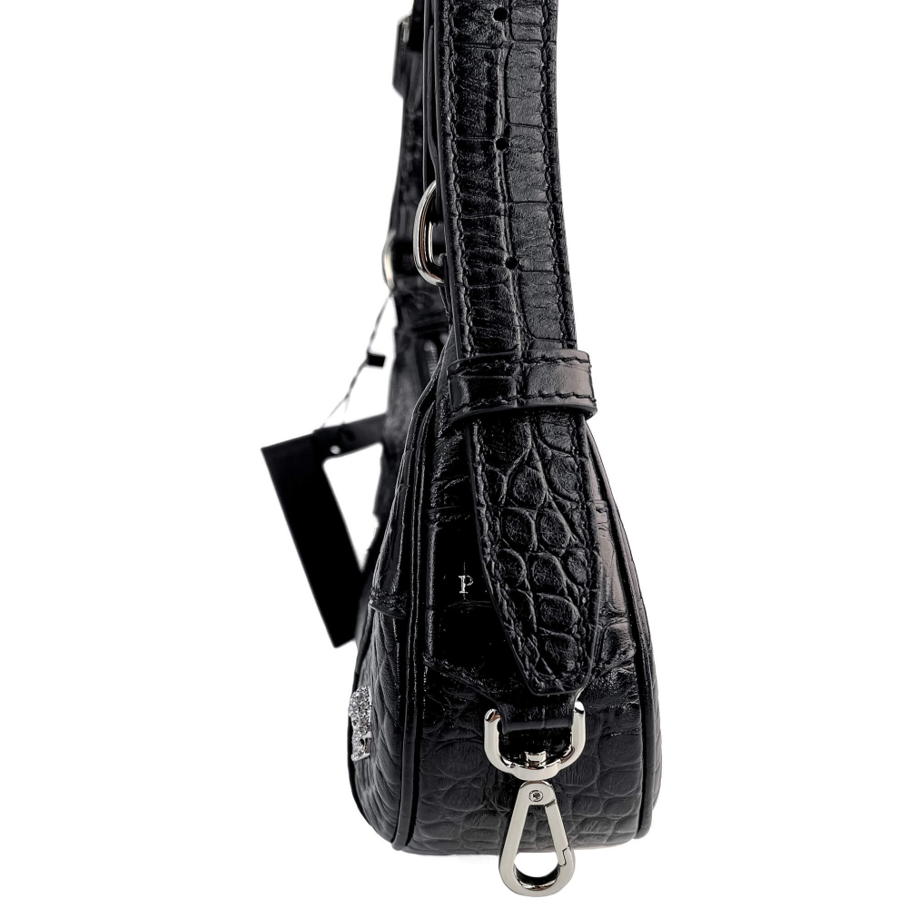 Philipp Plein Hexagon Croco Printed Leather Bowler Shoulder Bag Black