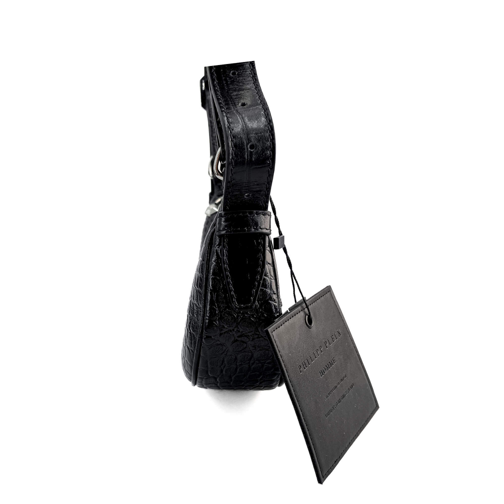 Philipp Plein Hexagon Croco Printed Leather Bowler Shoulder Bag Black