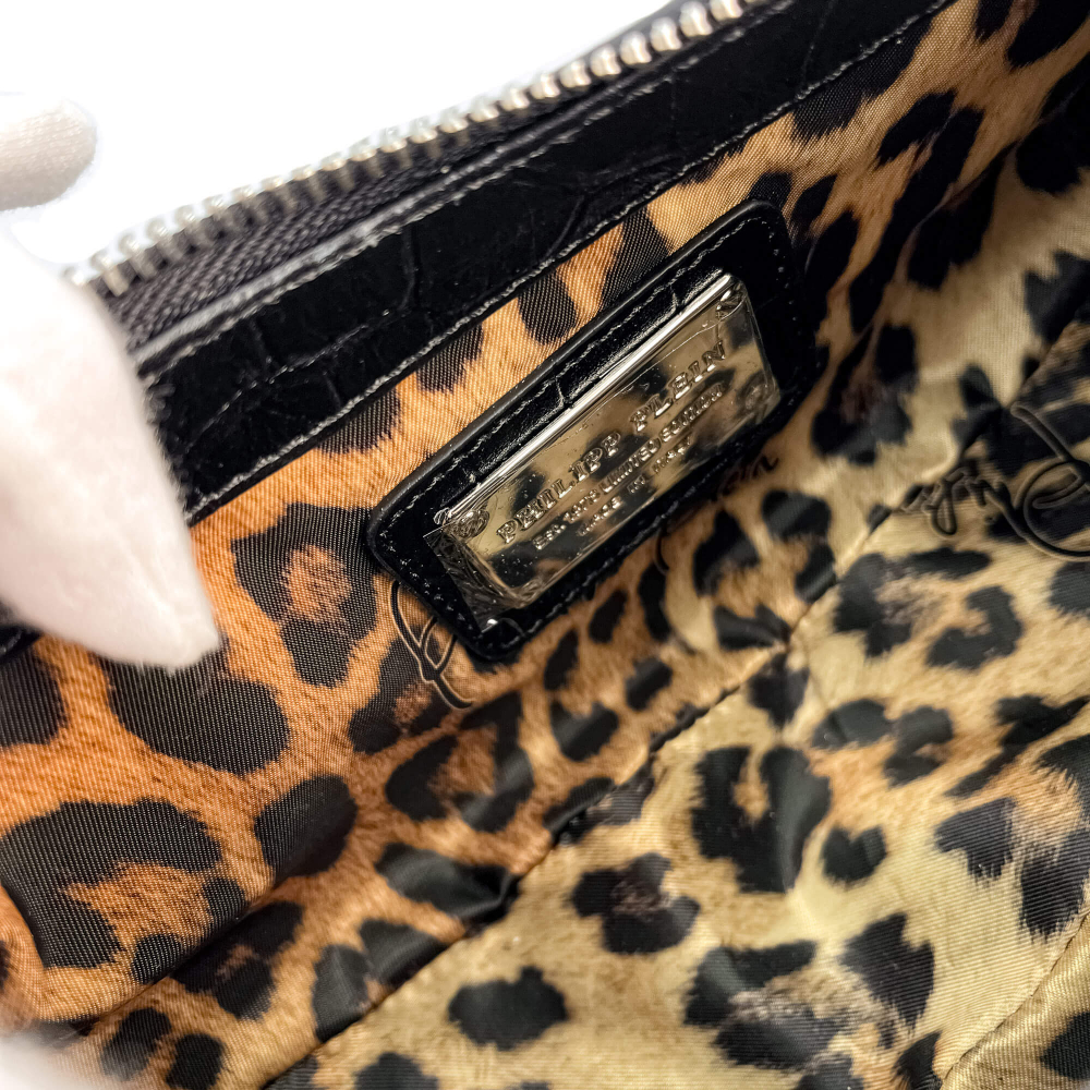 Philipp Plein Hexagon Croco Printed Leather Bowler Shoulder Bag Black