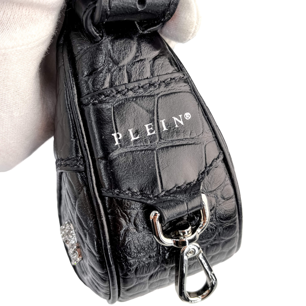 Philipp Plein Hexagon Croco Printed Leather Bowler Shoulder Bag Black