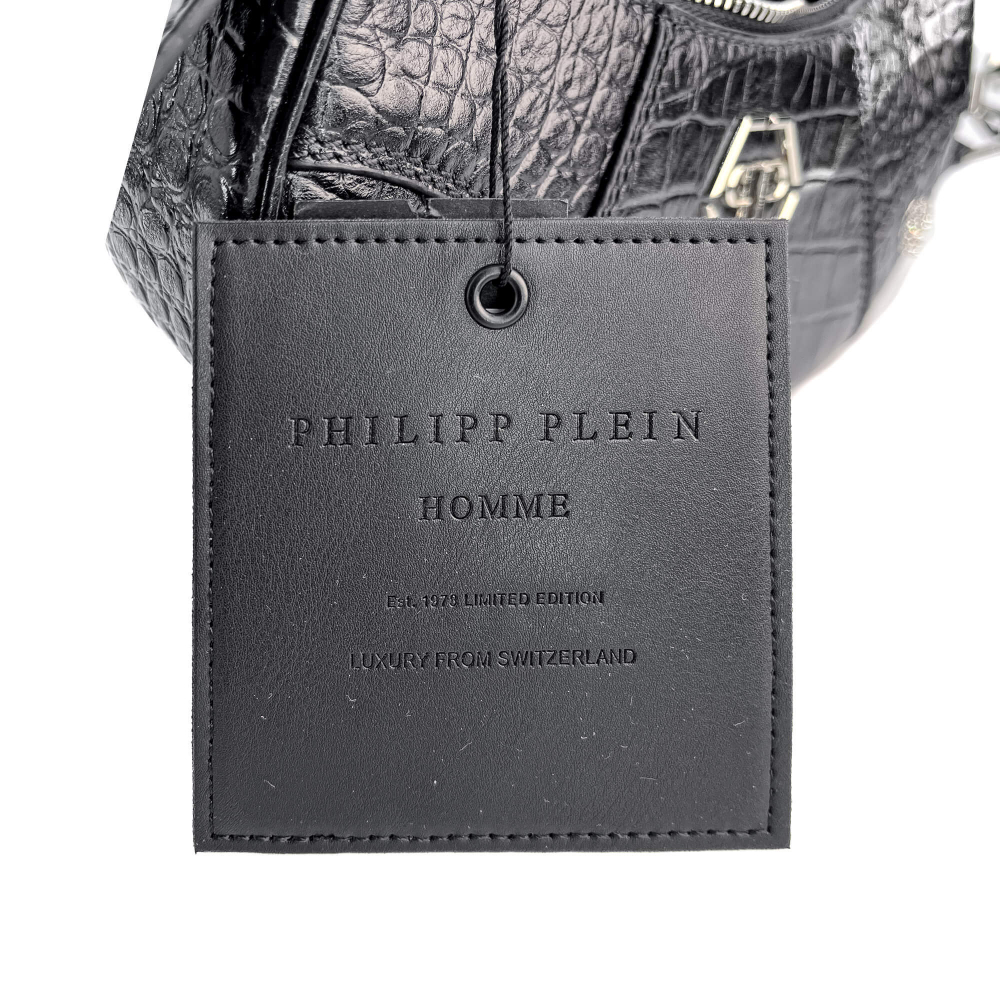 Philipp Plein Hexagon Croco Printed Leather Bowler Shoulder Bag Black