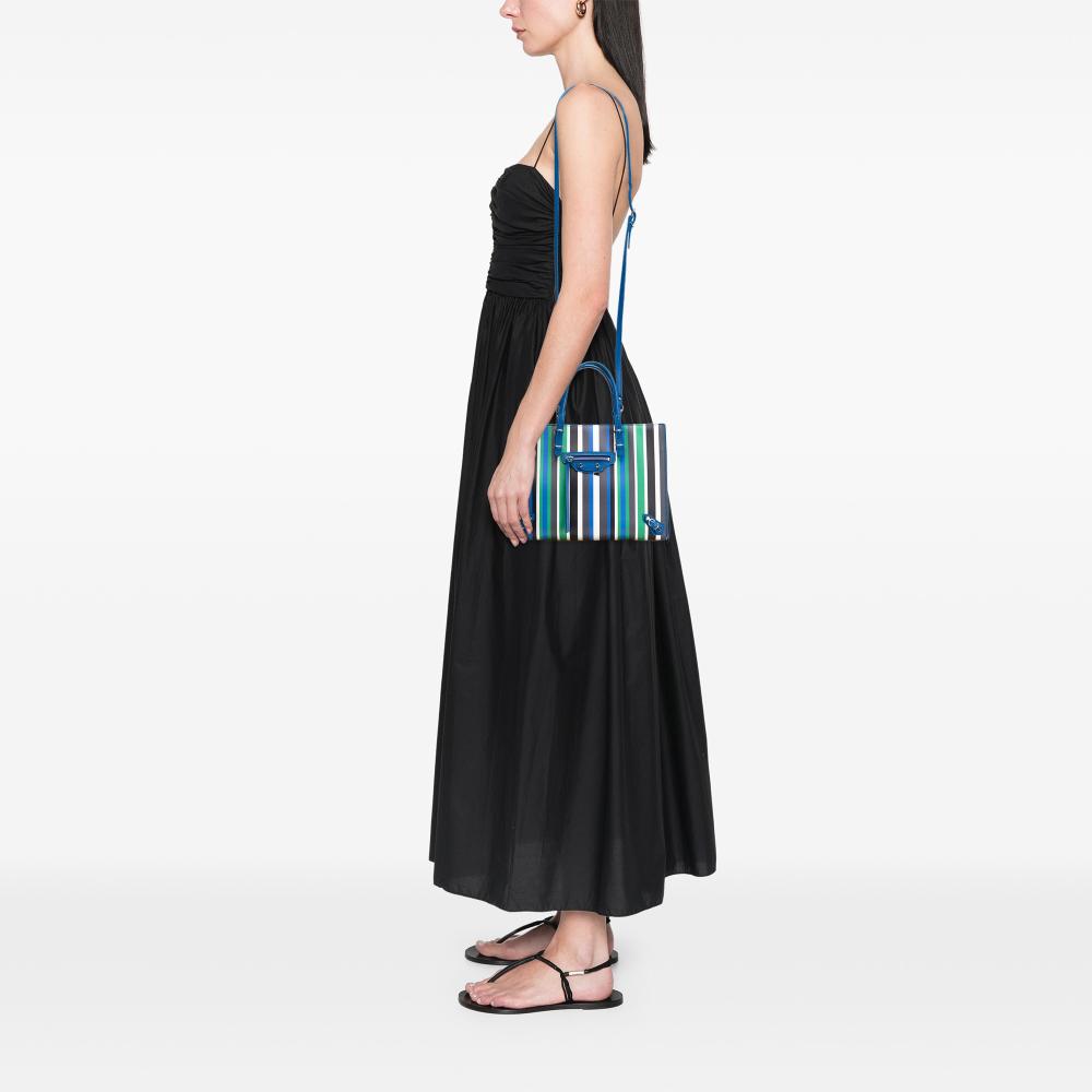 Balenciaga B Balenciaga Blue Calf Leather Mini Striped Papier A6 Zip Around Satchel Italy