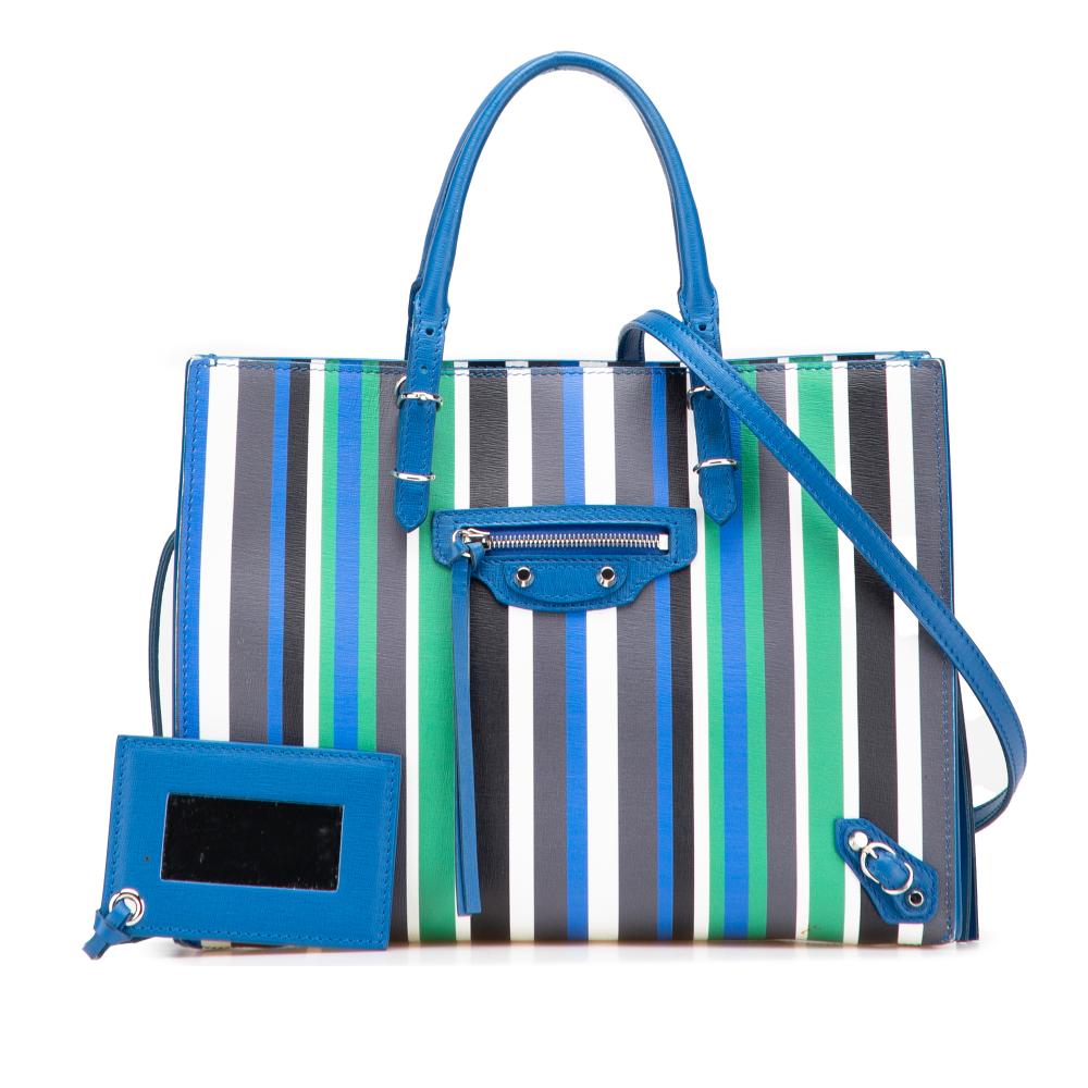 Balenciaga B Balenciaga Blue Calf Leather Mini Striped Papier A6 Zip Around Satchel Italy