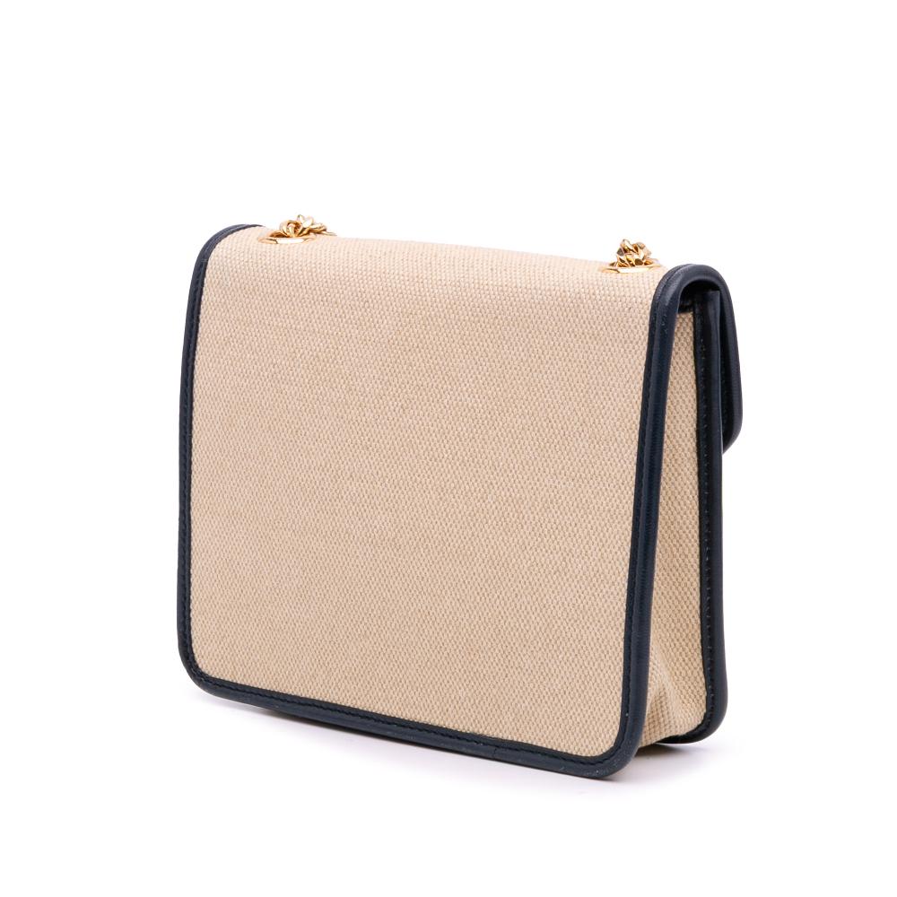 Celine B Celine Brown Beige with Blue Navy Canvas Fabric Sulky Clutch With Chain Italy