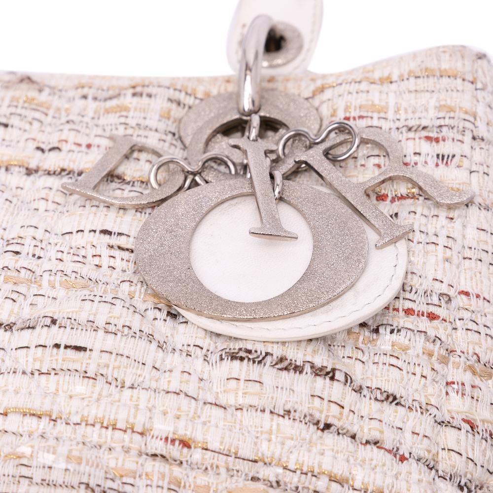Christian Dior B Dior White Ivory Tweed Fabric Medium Cannage Lady Dior Italy