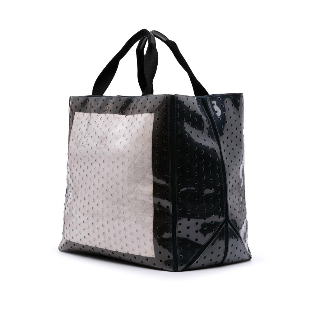 Chanel B Chanel White with Black PVC Plastic CC Quilted Cotton and Punching Tote Italy
